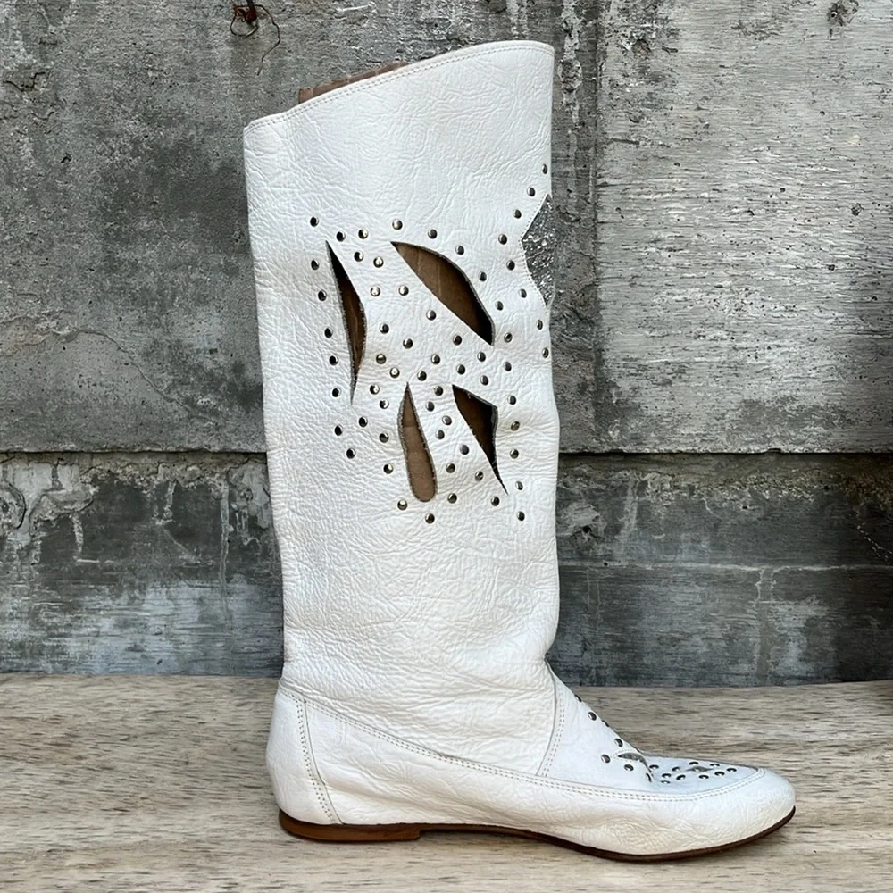 White Over-the-Knee Cutout & Stud Leather Boots — Women's